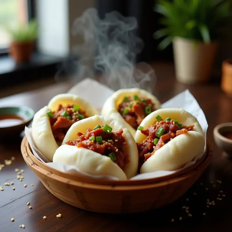 Bao buns al vapor rellenos de cerdo asado y pepinillos, servidos en una vaporera de bambú con semillas de sésamo tostadas y cebollino fresco, receta china tradicional.