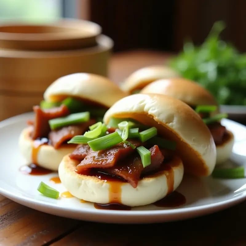 Plato blanco con bao buns al vapor abiertos, rellenos de cerdo asado en tiras y pepino en juliana, decorados con cebollino fresco y salsa hoisin, sobre fondo de bambú.