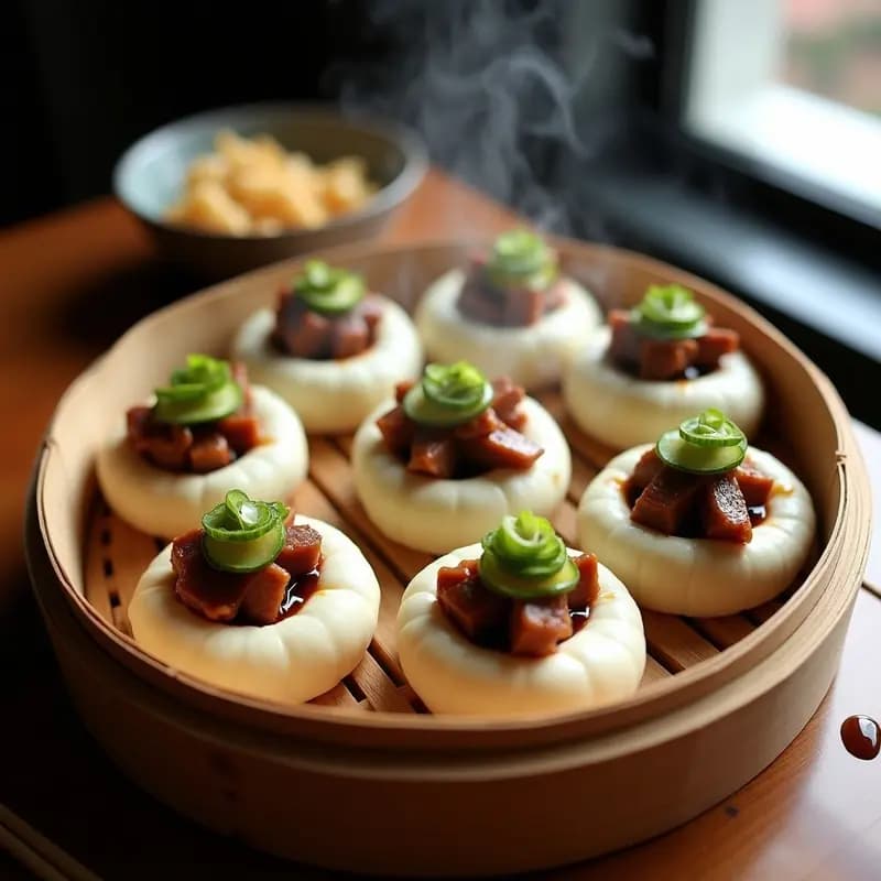 Bao buns al vapor rellenos de trozos de cerdo asado glaseado con salsa hoisin, decorados con cebollino fresco y cacahuetes tostados triturados, servidos en una vaporera de bambú sobre una mesa de madera rústica.