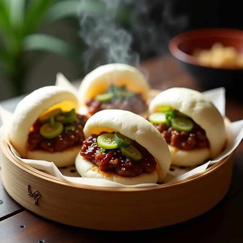 Bao buns esponjosos y blancos rellenos de cerdo BBQ jugoso, servidos en una vaporera de bambú sobre papel de horno. Acompañados de pepino encurtido, cebollino picado y semillas de sésamo tostadas, con un fondo de madera oscura que resalta los colores vibrantes del plato.