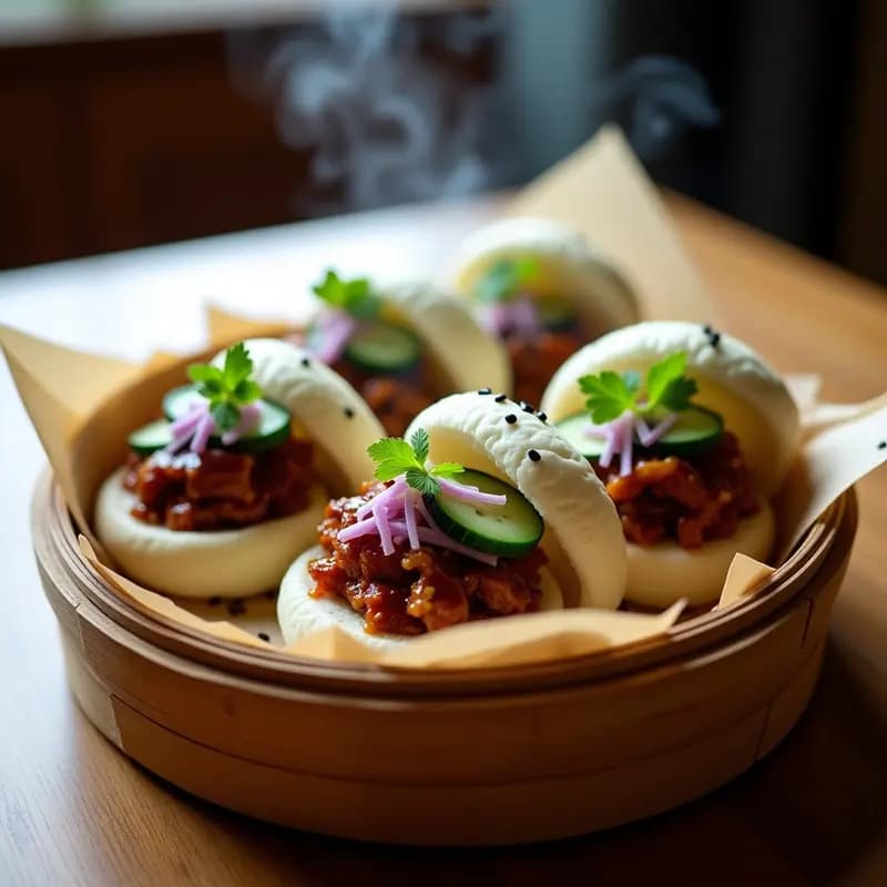 Bao buns al vapor rellenos de cerdo BBQ desmenuzado y pepinillos encurtidos, servidos en una vaporera de bambú sobre mesa de madera, con salsa BBQ y cilantro fresco al lado.