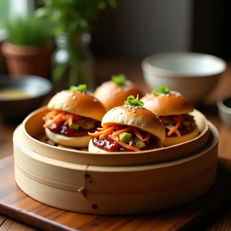 Bao buns esponjosos y brillantes rellenos de cerdo belly jugoso y encurtidos de daikon y zanahoria, servidos en una vaporera de bambú con semillas de sésamo y cebolla verde espolvoreadas. Receta china en olla rápida.