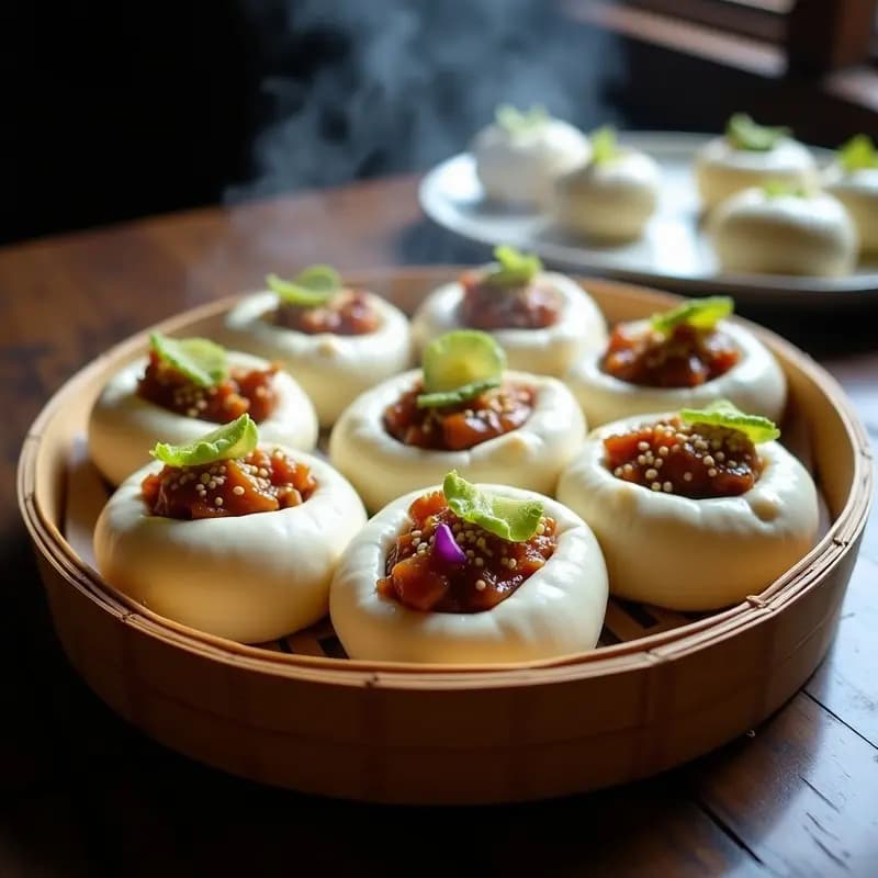 Bao Buns de Cerdo Belly con Pepinillos en plato de bambú, rellenos de cerdo tierno, pepinillos encurtidos y lechuga morada, servidos con salsa hoisin en un fondo rústico.