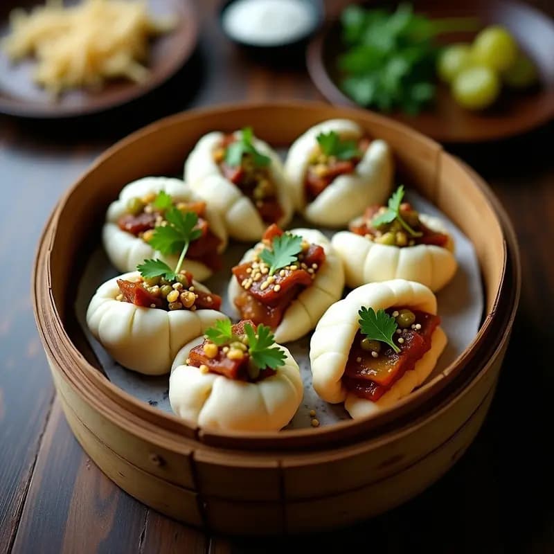 Bao Buns de Cerdo Belly con Pickles de Pepino: panecillos al vapor esponjosos rellenos de tiras de cerdo belly glaseado, pickles de pepino crujientes y cilantro fresco, servidos en papel de hornear sobre una vaporera de bambú.
