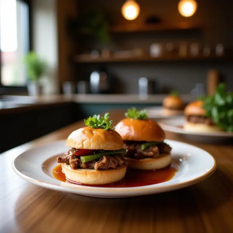 Bao Buns al vapor rellenos de cerdo desmenuzado y cebolla morada, servidos en una vaporera de bambú con hojas de cilantro fresco, receta china tradicional.