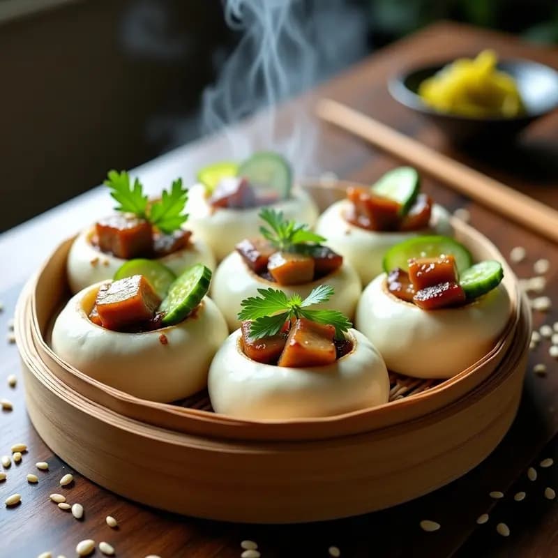 Bao buns esponjosos al vapor rellenos de cerdo char siu desmenuzado y rodajas de pepino encurtido, espolvoreados con semillas de sésamo, servidos en una vaporera de bambú sobre fondo oscuro, receta china callejera.