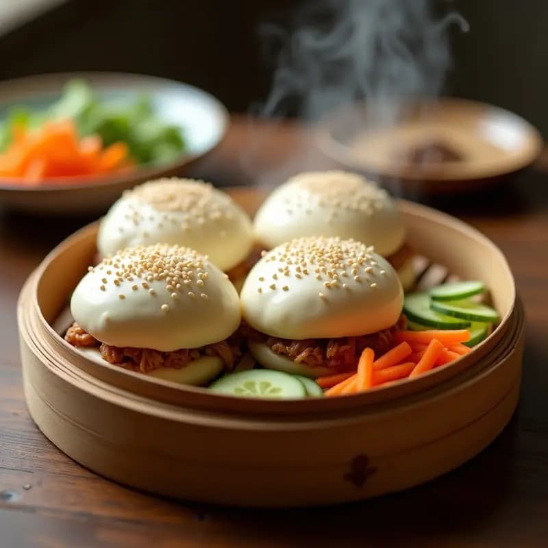 Bao buns de cerdo desmenuzado con encurtidos al vapor, masa fermentada esponjosa y relleno jugoso, servidos en steamer de bambú con zanahoria y pepino encurtidos.