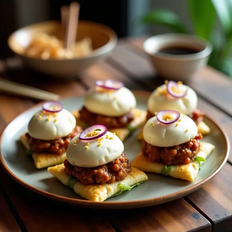 Bao buns al vapor rellenos de cerdo desmenuzado y hojaldre de col fermentada, servidos en vaporera de bambú con hojas de cilantro fresco. Receta china gourmet de 30 minutos.
