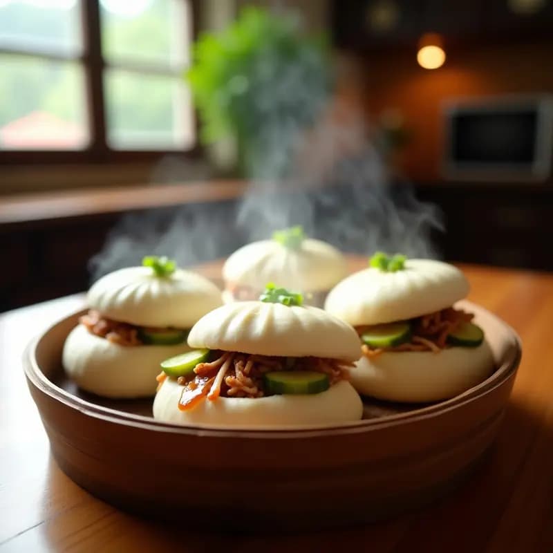 Bao Buns Chinos al vapor rellenos de cerdo desmenuzado jugoso y pepinillos encurtidos dorados, servidos en una vaporera de bambú con cebollino fresco espolvoreado, receta al vapor en 20 minutos.
