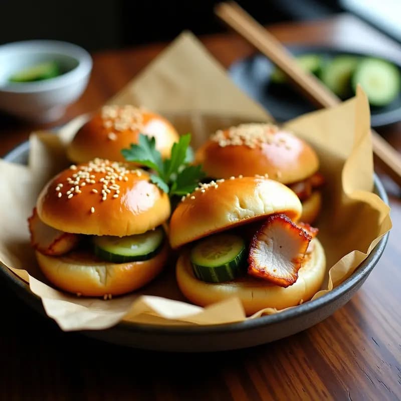 Bao Buns dorados y esponjosos rellenos de cerdo asado marinado y rodajas de pepino encurtido, servidos en papel de horno con semillas de sésamo y cilantro fresco, receta china en Airfryer.