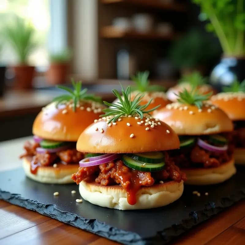Bao Buns esponjosos y dorados abiertos, rellenos de cerdo desmenuzado brillante con salsa hoisin, pepino en juliana, cebolla morada y eneldo fresco, espolvoreados con semillas de sésamo. Plato de aperitivo chino tradicional con toques modernos, preparado en airfryer.