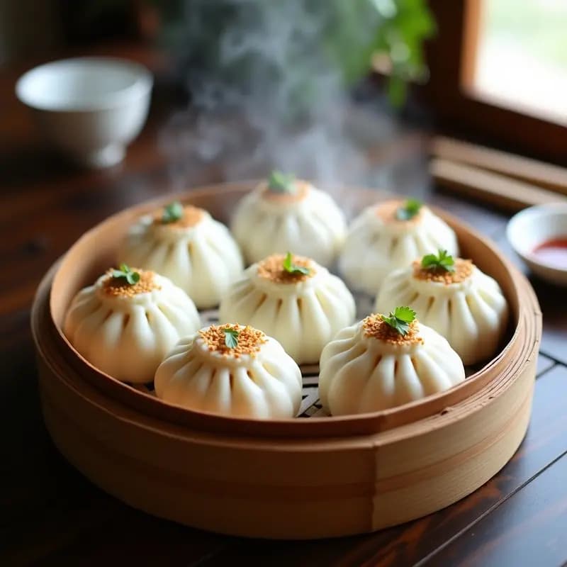 Bao buns chinos al vapor recién hechos, con masa blanca y esponjosa rellena de cerdo jugoso, servidos en una bandeja de bambú con semillas de sésamo y cilantro fresco.