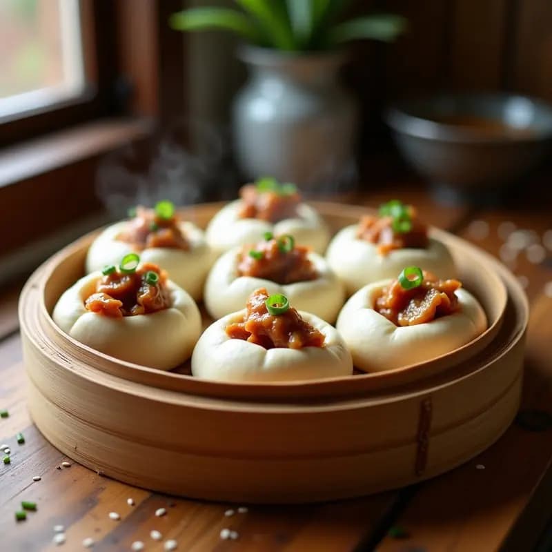 Seis Bao Buns de Cerdo al Vapor con panecillos caseros esponjosos y brillantes, rellenos de cerdo jugoso y dorado, decorados con cebollino fresco picado, sobre una vaporera de bambú con fondo borroso.