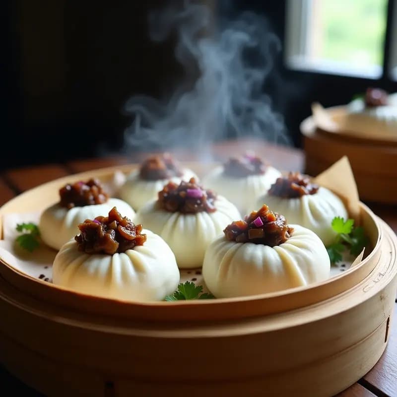 Bao Buns veganos de champiñones y cebolla morada al vapor, con masa esponjosa y relleno jugoso, servidos en una vaporera de bambú sobre fondo oscuro.