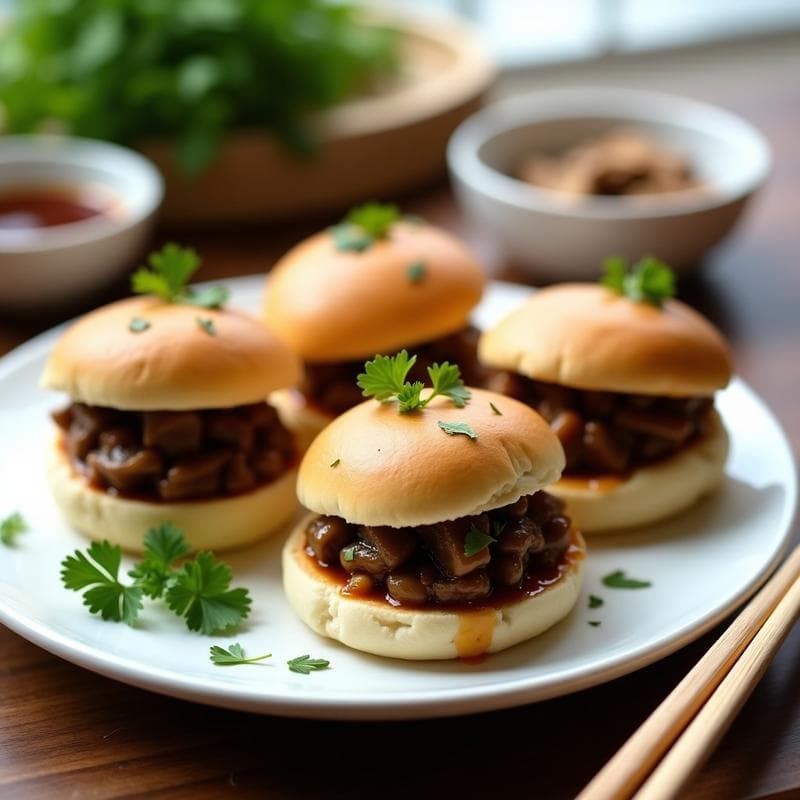 Bao buns veganos dorados y esponjosos rellenos de champiñones portobello salteados con salsa hoisin, servidos en un plato blanco con perejil fresco y un cuenco pequeño de salsa hoisin al lado, receta china en airfryer.