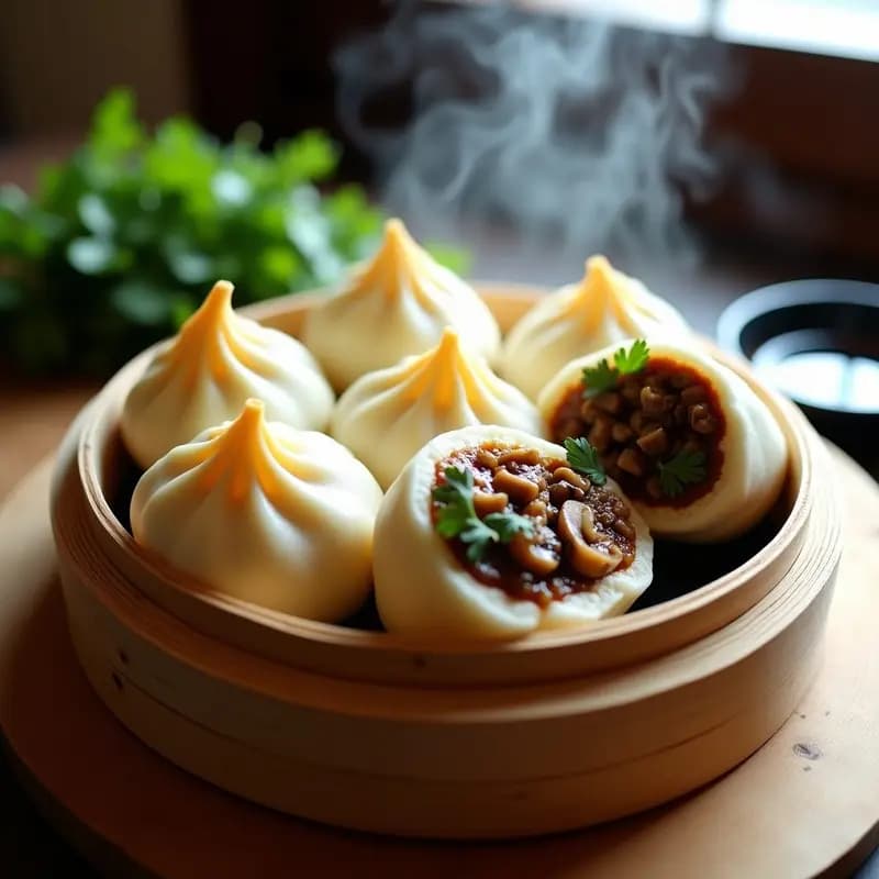 Bao buns veganos al vapor rellenos de champiñones shitake y cilantro, con masa esponjosa y brillante, servidos en una vaporera de bambú sobre papel de hornear, acompañados de hojas de cilantro fresco y salsa de soja.