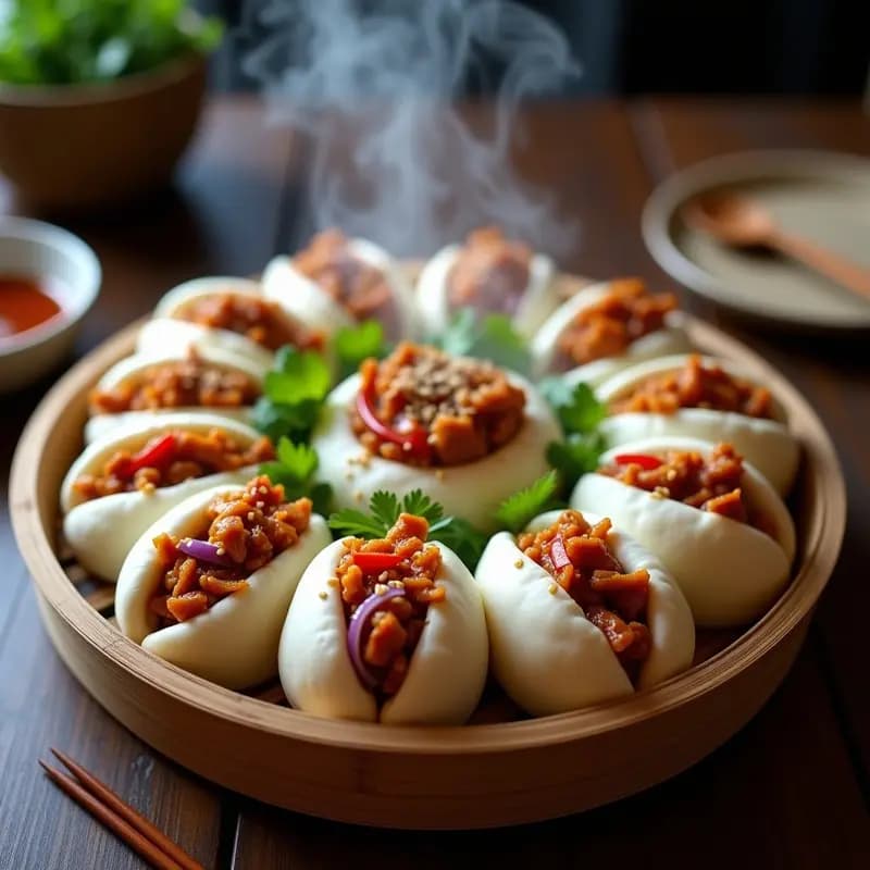 Bao Buns Chinos Rellenos de Jackfruit BBQ veganos, servidos en vaporera de bambú con relleno dulce-salado de jackfruit caramelizado y ensalada de manzana verde y zanahoria, decorados con cebollino fresco.