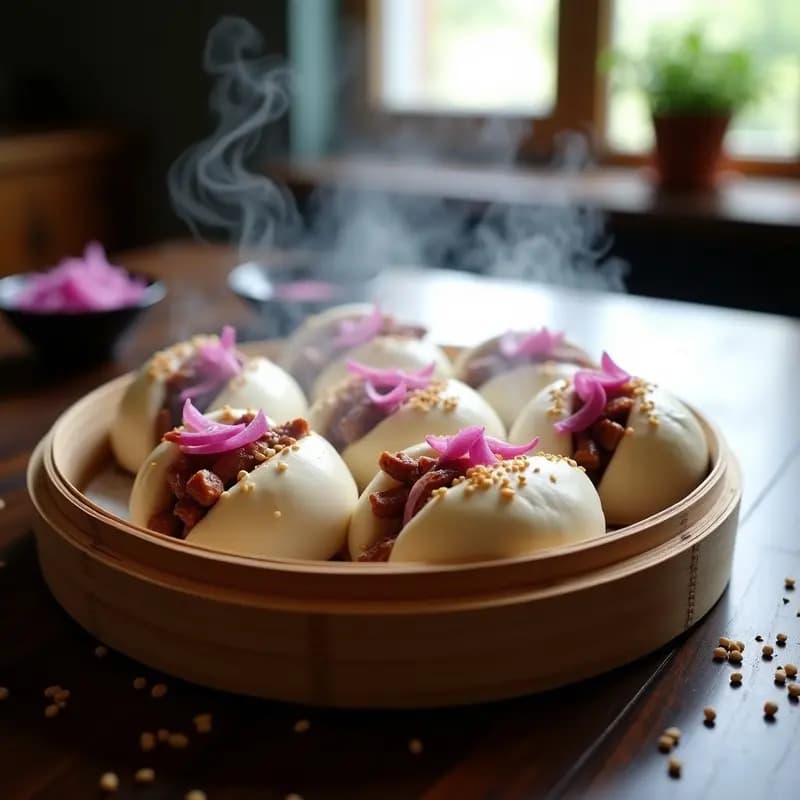 Bao buns chinos al vapor con cerdo asado y cebolla encurtida servidos en una vaporera de bambú, con semillas de sésamo espolvoreadas y acompañados de más cebolla morada encurtida.