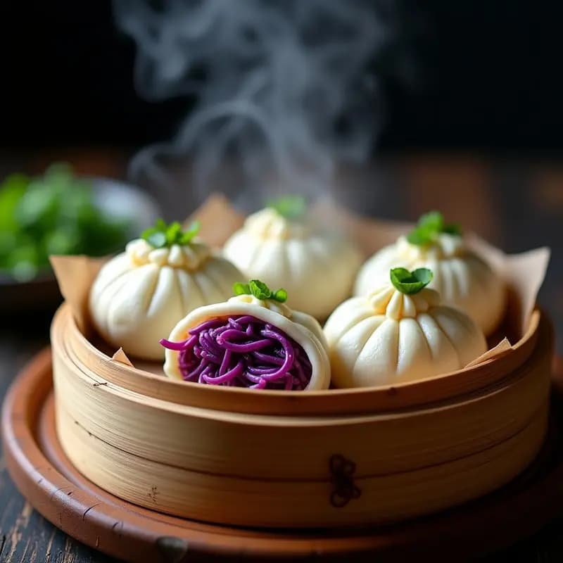 Bao buns veganos al vapor rellenos de col morada y pollo de seitán, con masa esponjosa y brillante, servidos en una vaporera de bambú sobre papel de hornear, decorados con cebollino fresco.