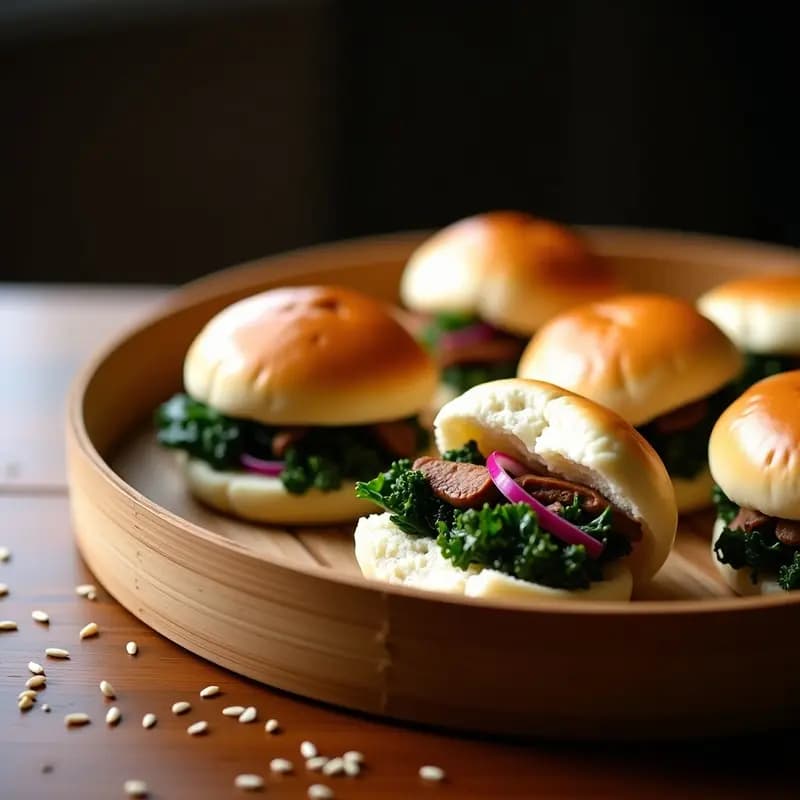 Bao buns al vapor dorados y esponjosos, rellenos de ternera jugosa y col rizada vibrante, servidos en una canasta de bambú con semillas de sésamo espolvoreadas. Receta china baja en grasa en airfryer.