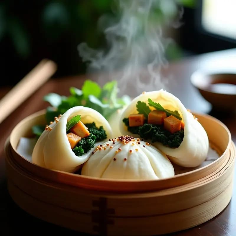 Bao buns al vapor rellenos de col rizada y tofu marinado, servidos en una vaporera de bambú con semillas de sésamo y cilantro fresco. Receta vegana y sin gluten.