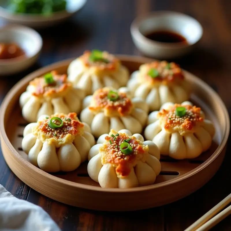 Bao Buns de coliflor dorados y esponjosos rellenos de pollo al vapor, servidos en una bandeja de bambú con semillas de sésamo y cebollino picado por encima, receta keto y sin harina en airfryer.