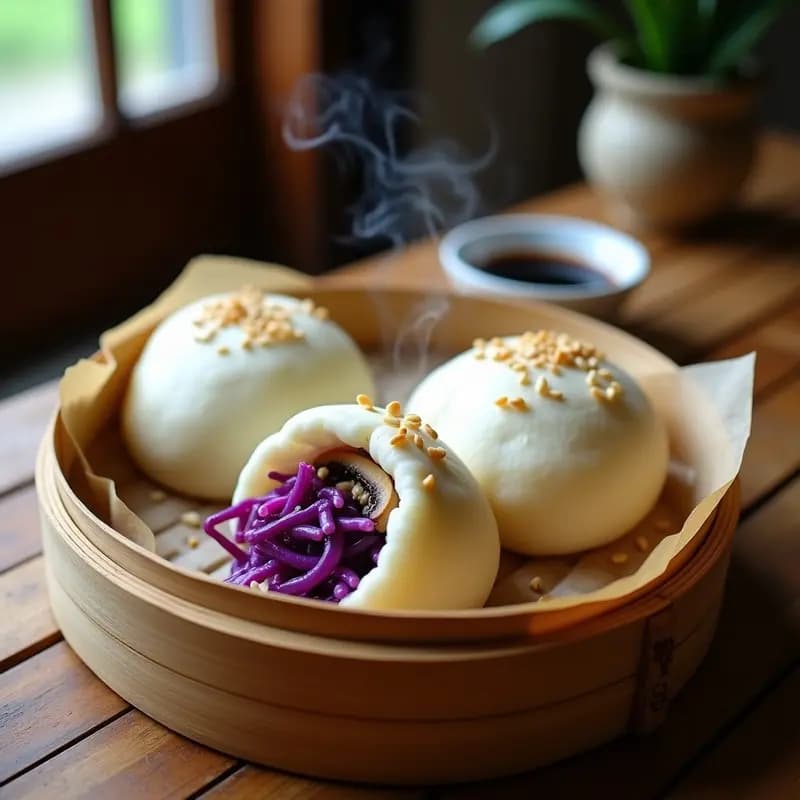 Bao buns veganos al vapor rellenos de hongos ostra y repollo morado, servidos en vaporera de bambú con semillas de sésamo tostadas y salsa de soja, receta china tradicional.