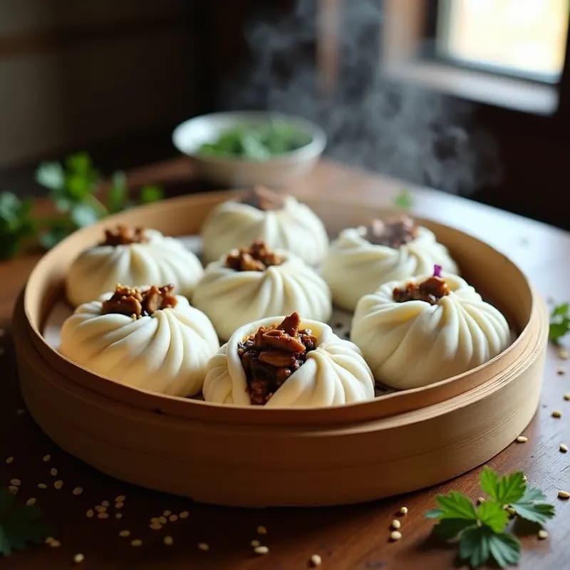 Bao Buns veganos de Hongos Shiitake al vapor, panecillos chinos esponjosos sin lácteos rellenos de sofrito umami, servidos en vaporera de bambú con cilantro y semillas de sésamo.