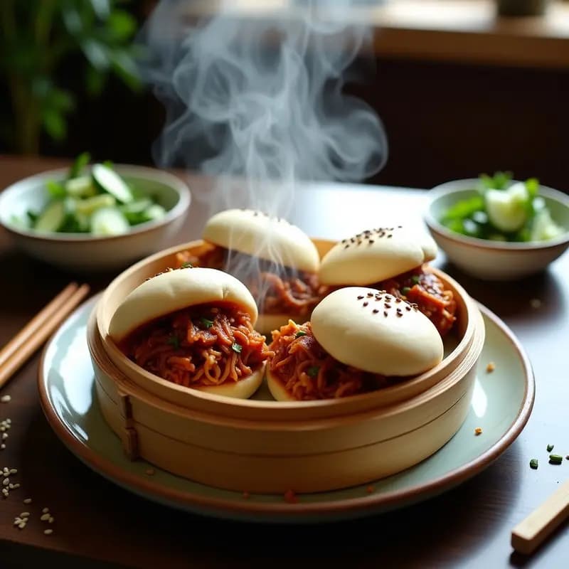 Bao buns veganos al vapor rellenos de jackfruit desmenuzado al BBQ, con ensalada de pepino en juliana y vinagreta de arroz negro, servidos en una vaporera de bambú con semillas de sésamo espolvoreadas.