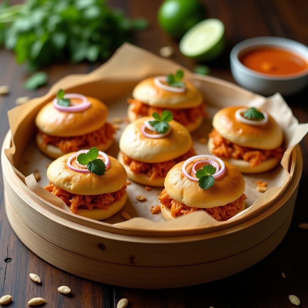 Bao Buns veganos dorados y esponjosos rellenos de jackfruit desmenuzado al curry rojo tailandés, decorados con cilantro fresco, cebolla morada y cacahuetes picados, servidos en una bandeja de bambú sobre papel de horno.