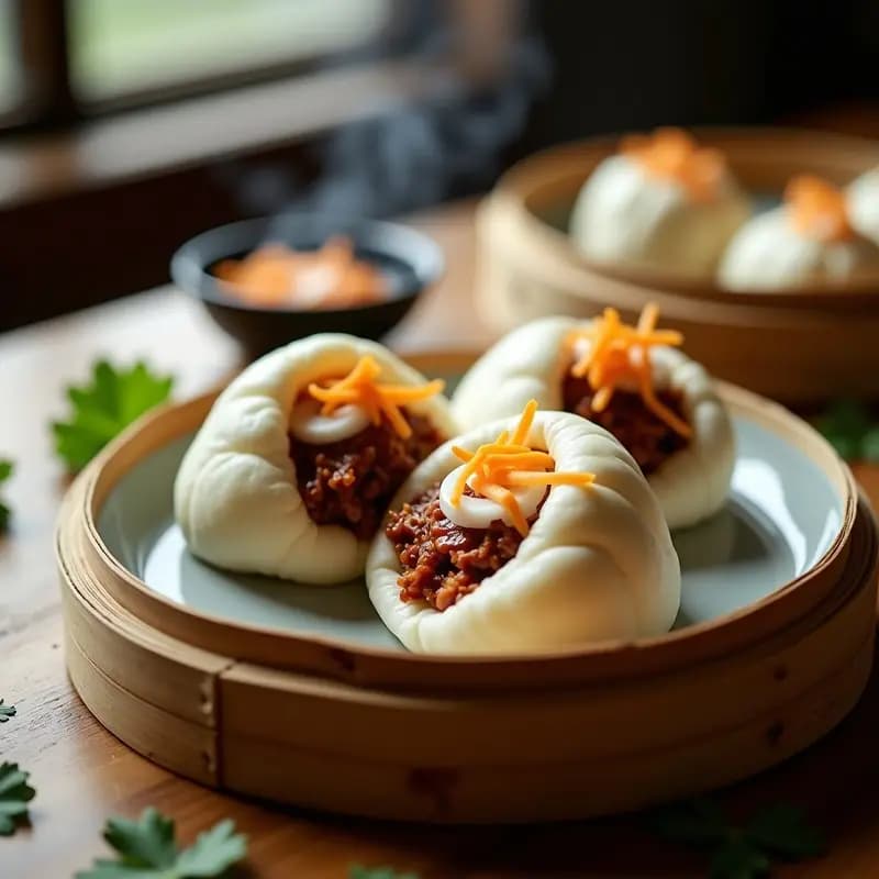 Bao buns veganos al vapor abiertos, mostrando el relleno de jackfruit desmenuzado glaseado con salsa oscura y encurtidos de daikon en juliana, servidos en una vaporera de bambú sobre una mesa de madera con hojas de cilantro.