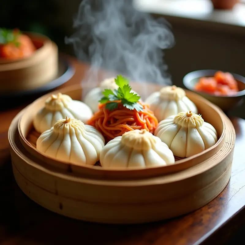 Bao buns veganos al vapor en vaporera de bambú, rellenos de jackfruit desmenuzado y kimchi, con brillo esponjoso y decorados con cebollino y semillas de sésamo. Receta china tradicional en versión vegana.