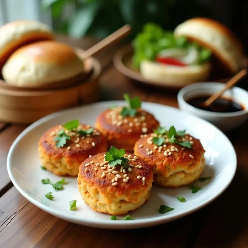 Hamburguesas veganas doradas de jackfruit desmenuzado en Airfryer, servidas en pan de bao con semillas de sésamo y cilantro fresco, estilo cocina china.