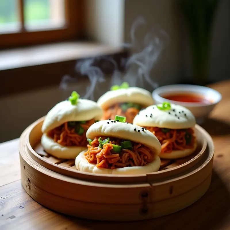 Bao buns esponjosos al vapor rellenos de jackfruit desmenuzado con salsa hoisin, decorados con cebollino fresco y semillas de sésamo negro, presentado en una vaporera de bambú tradicional.