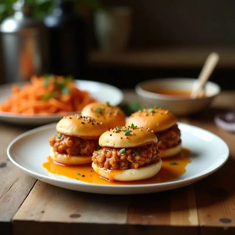 Bao buns al vapor rellenos de jackfruit desmenuzada vegana, servidos en papel de hornear con hojas de cilantro fresco y salsa hoisin al lado.
