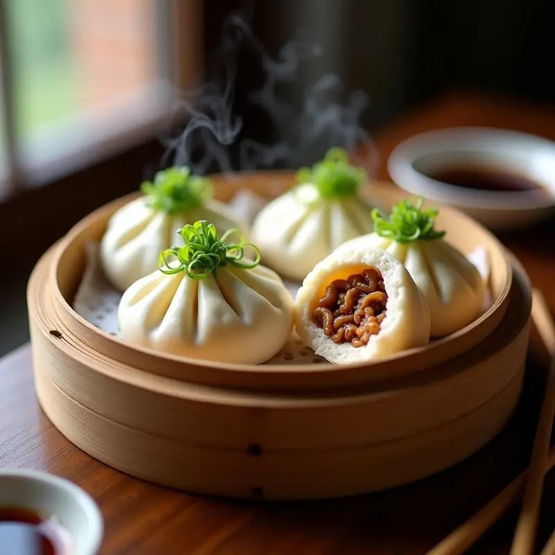 Bao Buns de pan de arroz rellenos de patito Pekín sin gluten, al vapor, con textura esponjosa y brillante, servidos en una vaporera de bambú sobre una mesa de madera oscura, acompañados de cebolla morada, pepino y cilantro fresco.