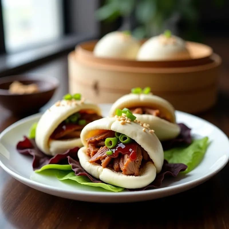 Plato blanco con 3 Bao Buns rellenos de Patito Peking y Hoisin abiertos, mostrando el relleno de pato desmenuzado, salsa Hoisin brillante, cebollino picado y semillas de sésamo sobre hojas de lechuga china, servidos en una vaporera de bambú con fondo desenfocado.
