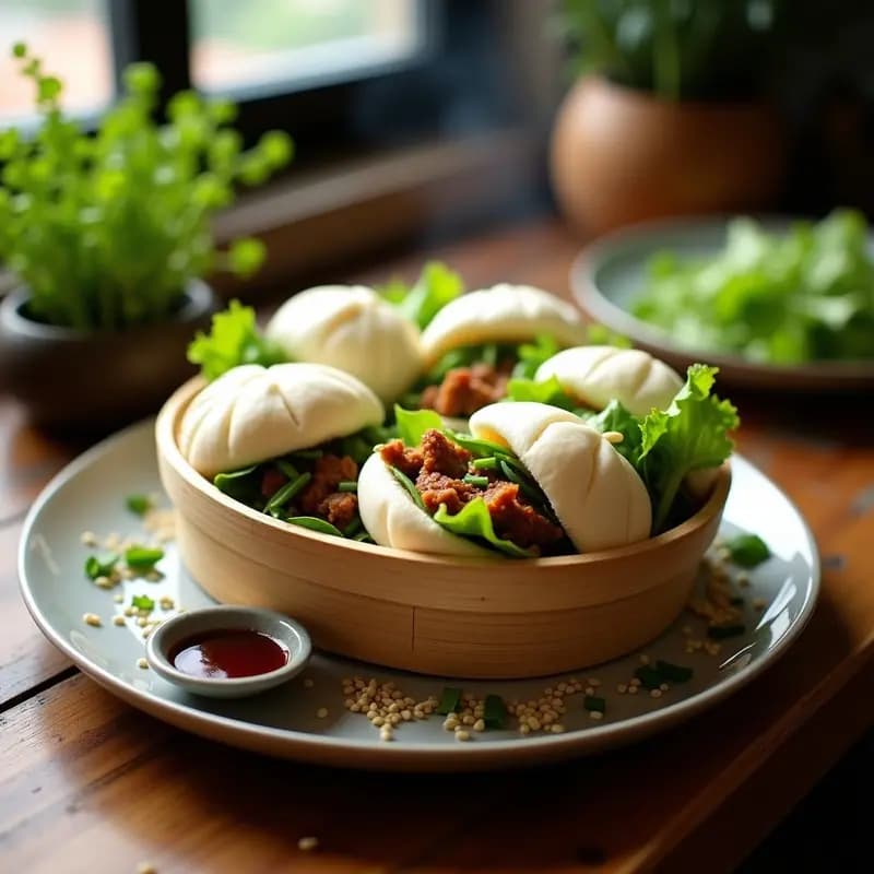 Bao Buns al vapor rellenos de pato Pekín asado, salsa Hoisin y vegetales frescos, presentados en una vaporera de bambú con detalles de cebollino picado.
