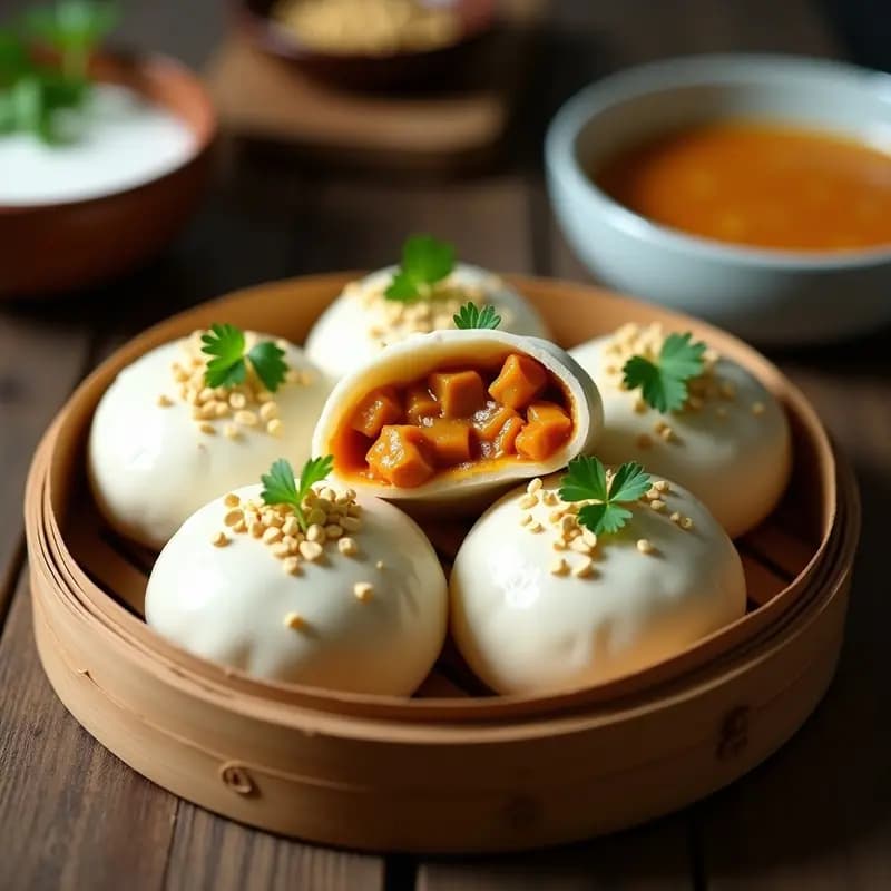 Bao buns esponjosos al vapor rellenos de pollo al curry rojo y cacahuetes tostados, decorados con cilantro fresco. Plato tradicional chino cocinado en ollita de cocción lenta.