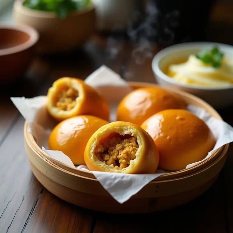 Bao buns dorados y esponjosos rellenos de pollo al curry amarillo, servidos en una canasta de bambú con encurtidos de daikon en juliana y hojas de cilantro fresco. Receta china en airfryer.