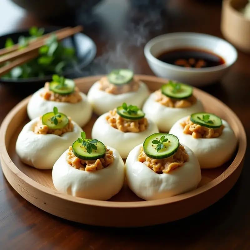 Bao buns chinos al vapor rellenos de pollo jugoso y pepino fresco, dispuestos en una vaporera de bambú sobre fondo de madera oscura, con cebolla verde picada por encima.