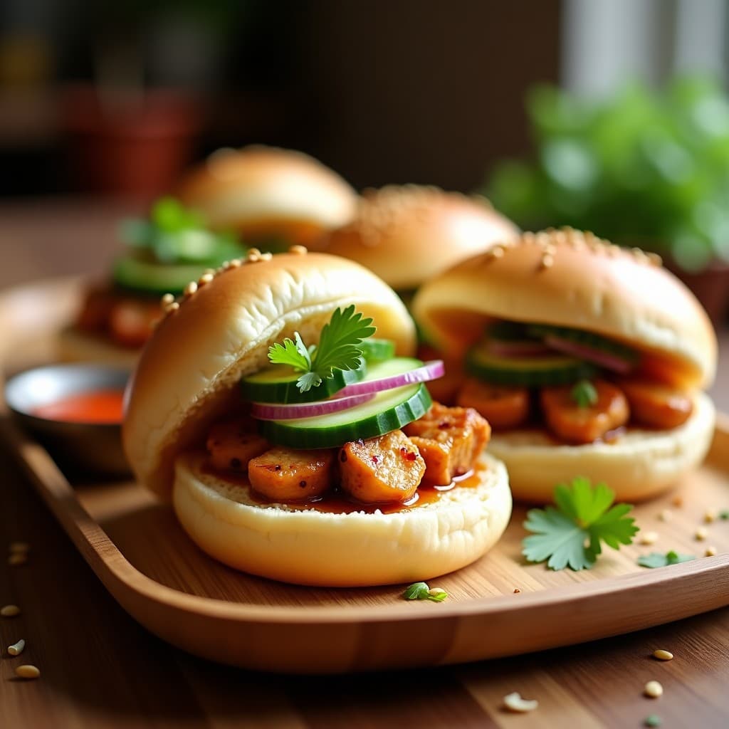 Bao Buns dorados y esponjosos rellenos de pollo teriyaki, pepino persa y cebolla morada, decorados con semillas de sésamo y cilantro fresco, servidos en una bandeja de bambú con salsa sriracha al lado.