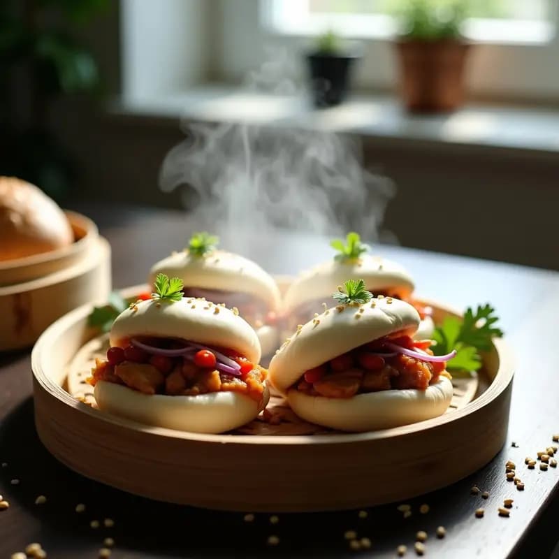 Bao buns de pollo teriyaki al vapor con pan esponjoso y brillante, rellenos de pollo dorado en salsa teriyaki, cebolla morada y pimiento rojo, decorados con semillas de sésamo y cilantro fresco, servidos en una vaporera de bambú sobre fondo blanco.