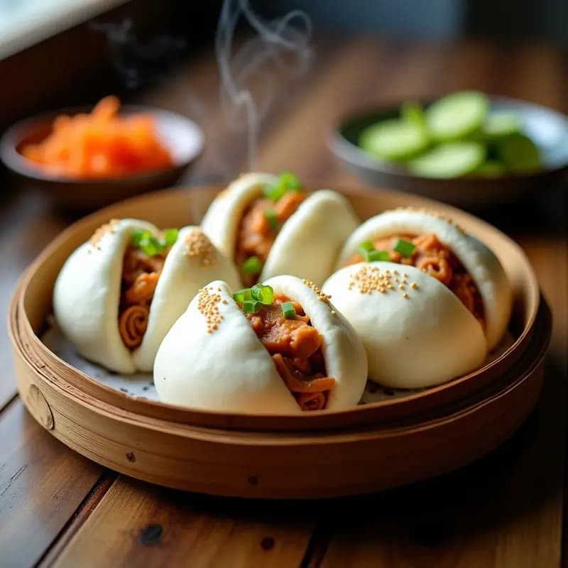 Bao buns al vapor rellenos de pollo teriyaki jugoso, con semillas de sésamo y cebolla verde, acompañados de rodajas de pepinillos encurtidos brillantes. Receta china de bao buns de pollo teriyaki con pepinillos.