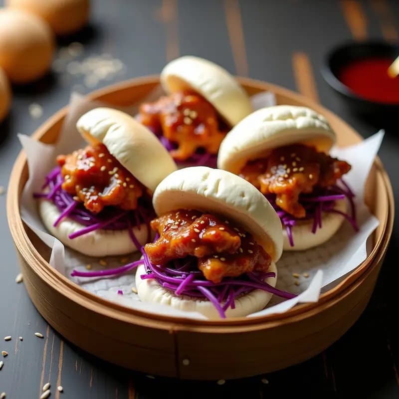 Bao buns esponjosos al vapor rellenos de pollo teriyaki brillante y ensalada crujiente de repollo morado, servidos en una canasta de bambú con semillas de sésamo espolvoreadas. Receta china de ollas de cocción rápida.