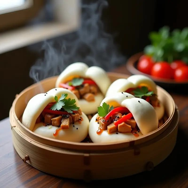 Bao buns chinos al vapor con masa esponjosa y brillante, rellenos de pollo teriyaki dorado, pimiento rojo y cilantro fresco, servidos en vaporera de bambú con semillas de sésamo negro espolvoreadas.