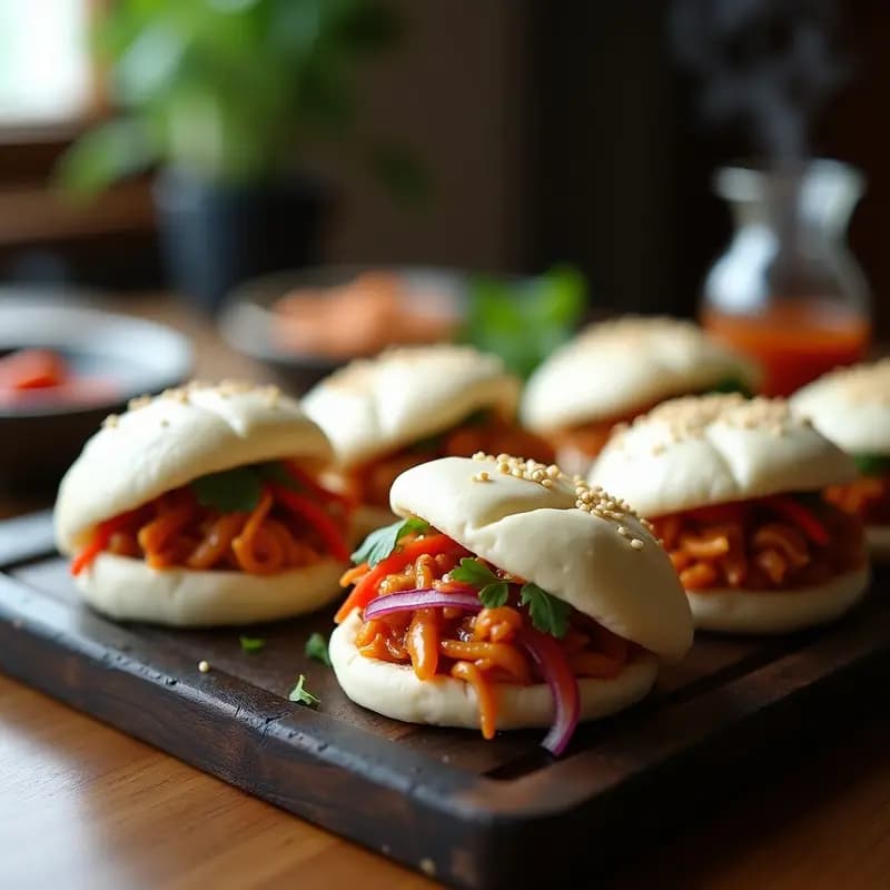 Bao buns al vapor rellenos de pollo vegano y kimchi, con masa esponjosa sin gluten, decorados con semillas de sésamo y cilantro fresco sobre fondo de madera oscura.