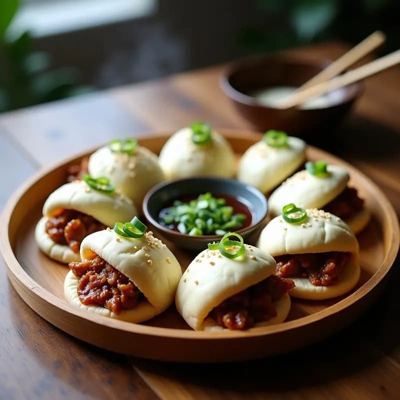 Plato de bambú con Bao Buns de Pulled Pork y Salsa Hoisin recién hechos al vapor, rellenos de cerdo desmenuzado jugoso, acompañados de pepino en juliana, cebollino picado y semillas de sésamo, con un fondo de salsa hoisin brillante.