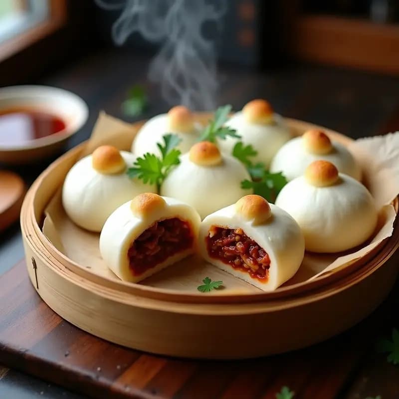 Plato blanco con bao buns rellenos de cerdo asado al vapor, panecillos chinos esponjosos y jugosos con relleno brillante, servidos sobre papel de hornear en vaporera de bambú.