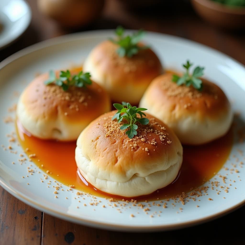Bao buns veganos dorados en airfryer rellenos de cerdo vegetal y hojas de loto, servidos en plato de bambú con semillas de sésamo negro y salsa hoisin al lado.